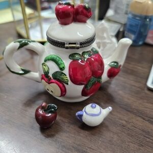 Ceramic Apple Teapot Trinket Box - White with Red Apple Accents